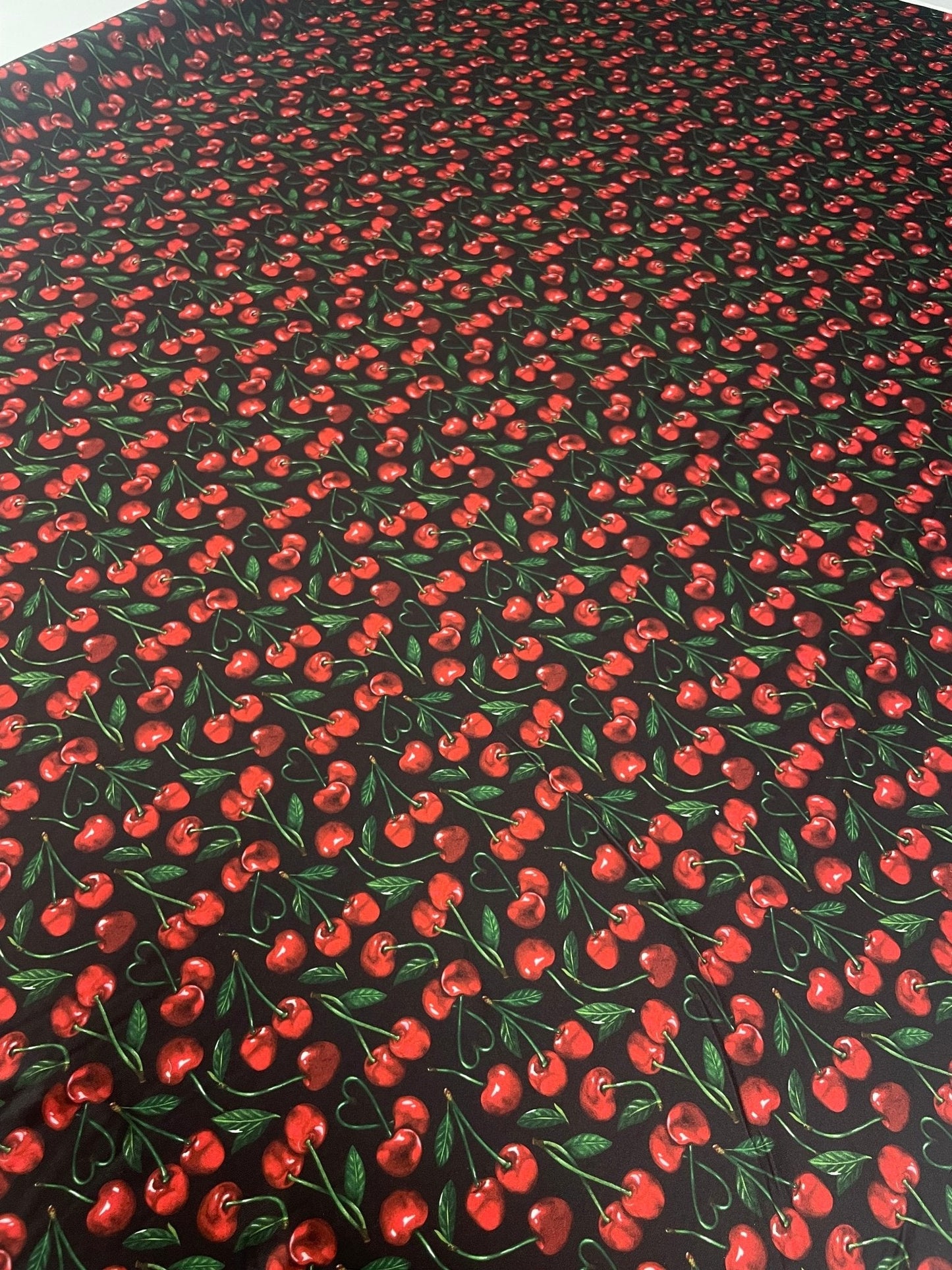 Cherry Print Spandex Fabric – Retro Red Fruit Pattern by Metre