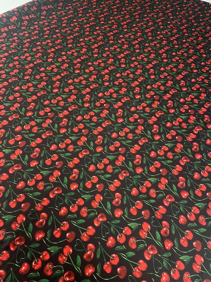 Cherry Print Spandex Fabric – Retro Red Fruit Pattern by Metre