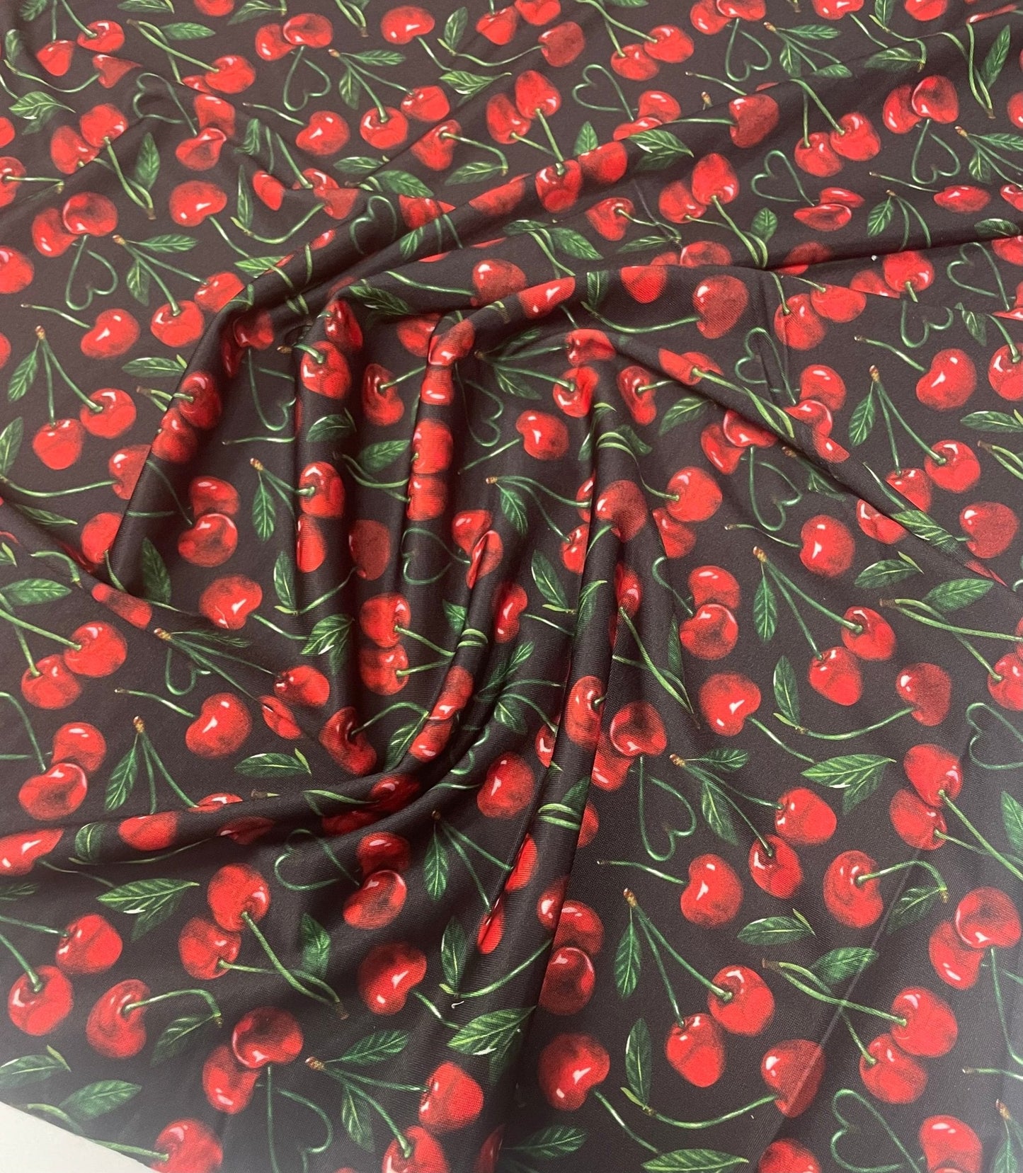 Cherry Print Spandex Fabric – Retro Red Fruit Pattern by Metre