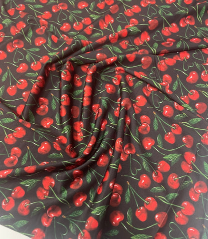 Cherry Print Spandex Fabric – Retro Red Fruit Pattern by Metre