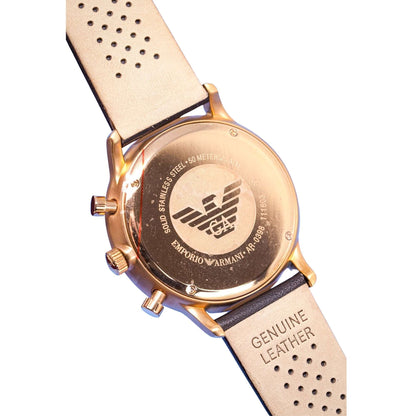 Emporio Armani AR0398 Men's Rose Gold Chronograph Watch with White Dial and Brown Leather Strap