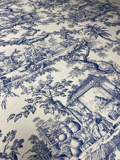 Classic Blue Toile de Jouy Fabric – Fabric by Metre, Options: Satin, Crepe, Spandex, Chiffon