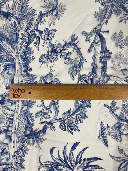 Classic Blue Toile de Jouy Fabric – Fabric by Metre, Options: Satin, Crepe, Spandex, Chiffon