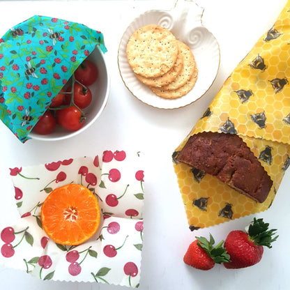 *Set of 3 Handmade Beeswax Wraps | Bees & Cherries