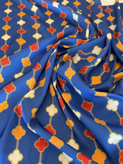 Navy Blue Clover Chain Pattern Fabric – Multiple Fabric Options, Sold by Metre