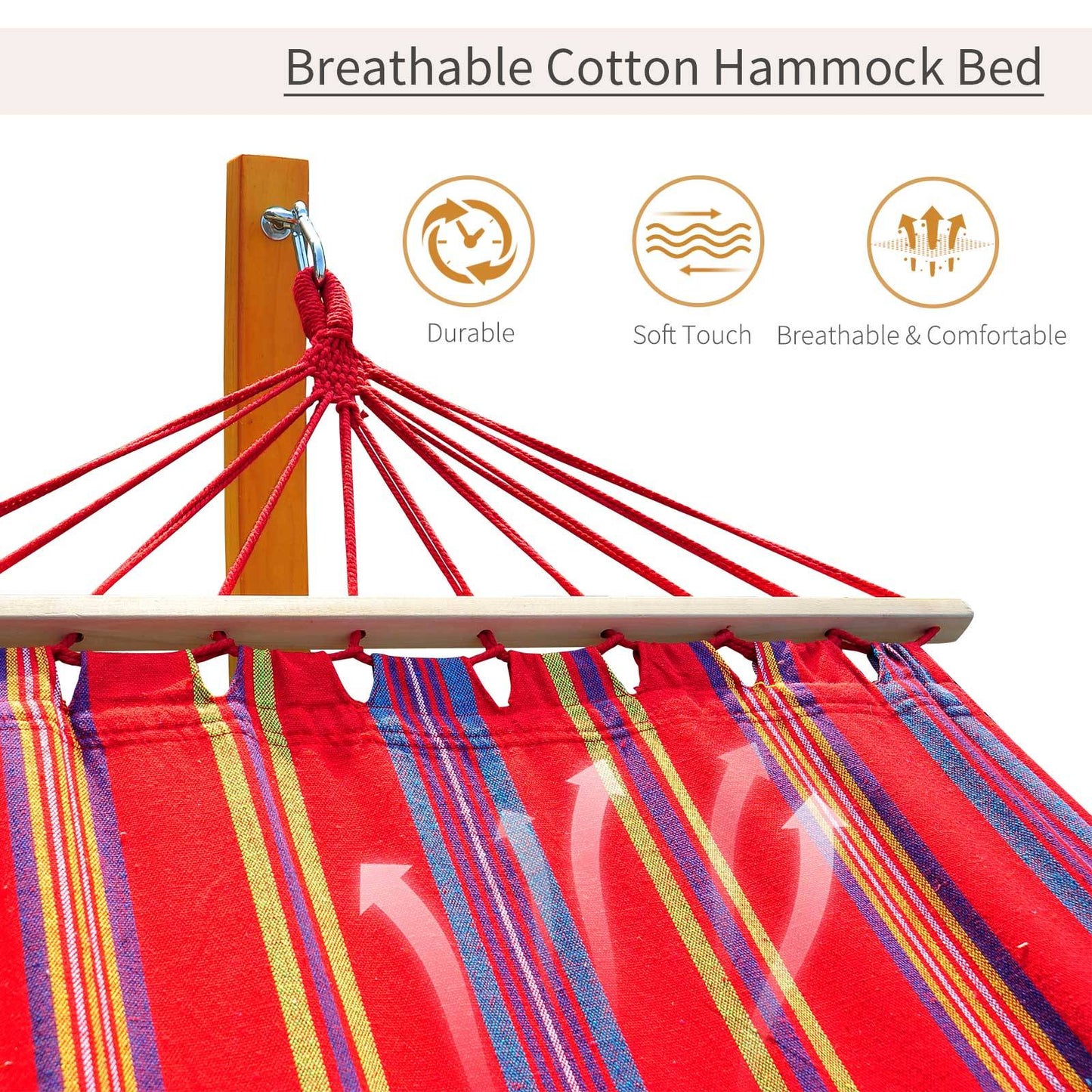 Garden Outdoor Patio Standing Frame Wooden Cotton Hammock with Arc Stand and Safe Ropes - Multi-Colour