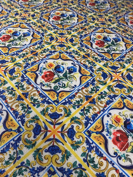 Colorful Ceramic Inspired Fabric – Vintage Floral Pattern