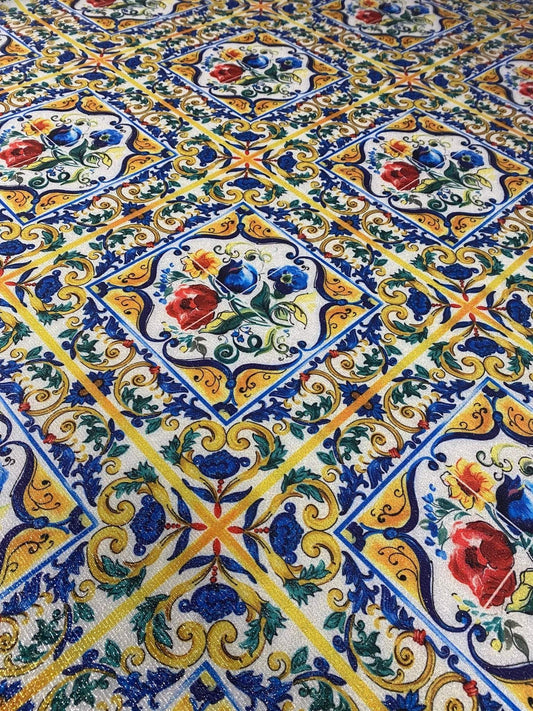 Colorful Ceramic Inspired Fabric – Vintage Floral Pattern