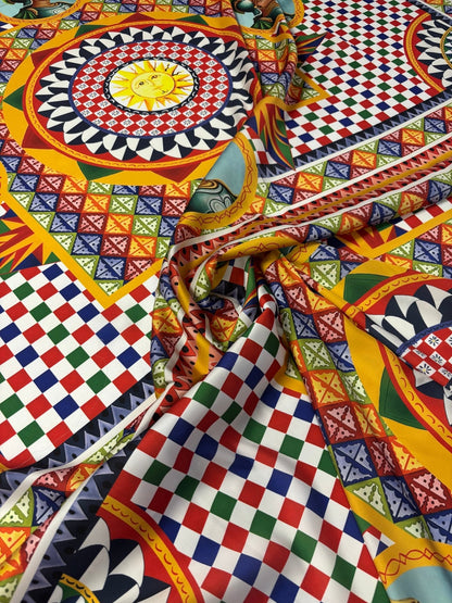 Colorful Satin Fabric by the Metre – Mediterranean Geometric Warrior