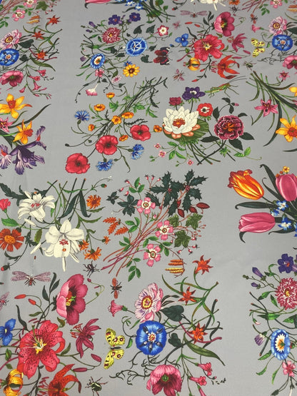 Colorful Floral Pattern on Light Grey Fabric