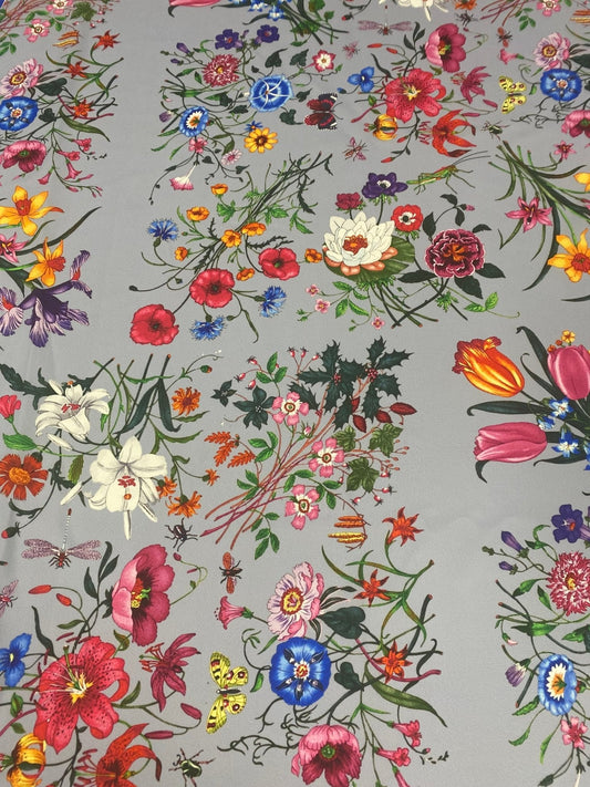 Colorful Floral Pattern on Light Grey Fabric