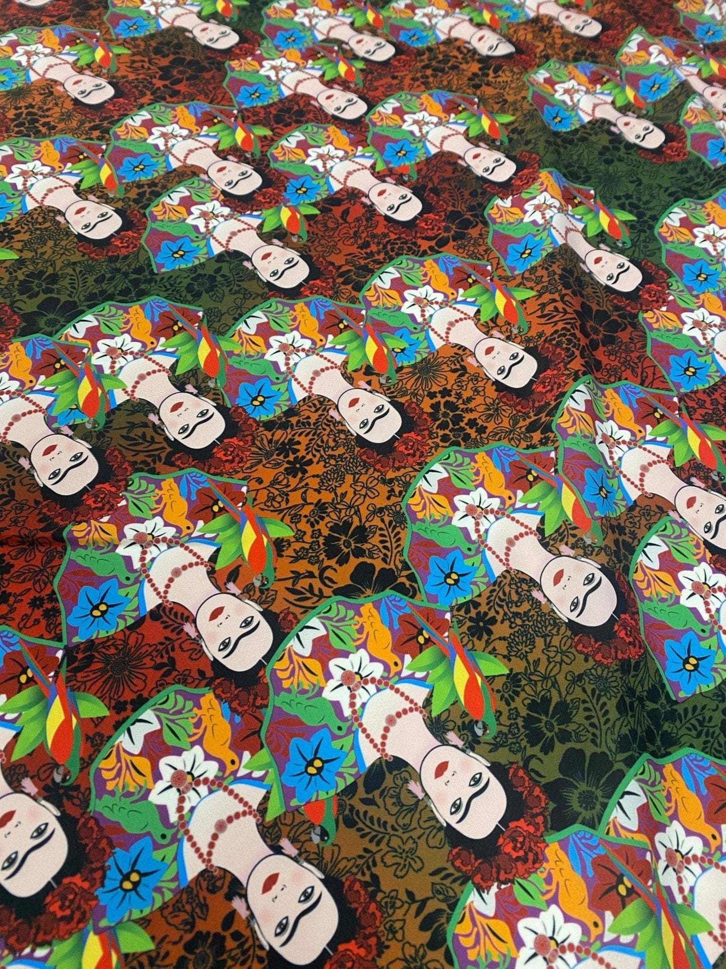Colorful Frida Kahlo Inspired Floral Print Fabric – Available in Satin, Crepe, Spandex & Chiffon | By Metre