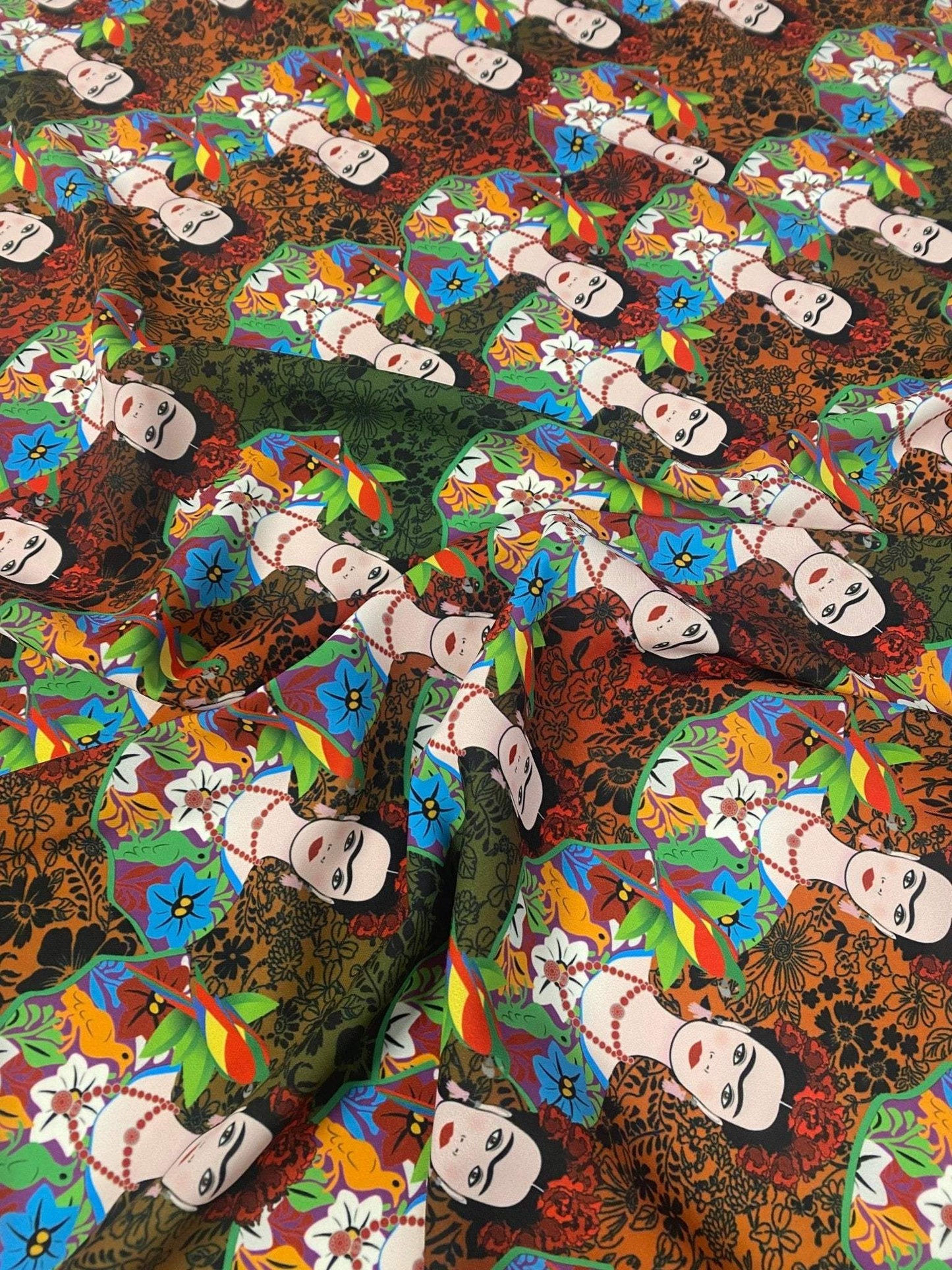 Colorful Frida Kahlo Inspired Floral Print Fabric – Available in Satin, Crepe, Spandex & Chiffon | By Metre