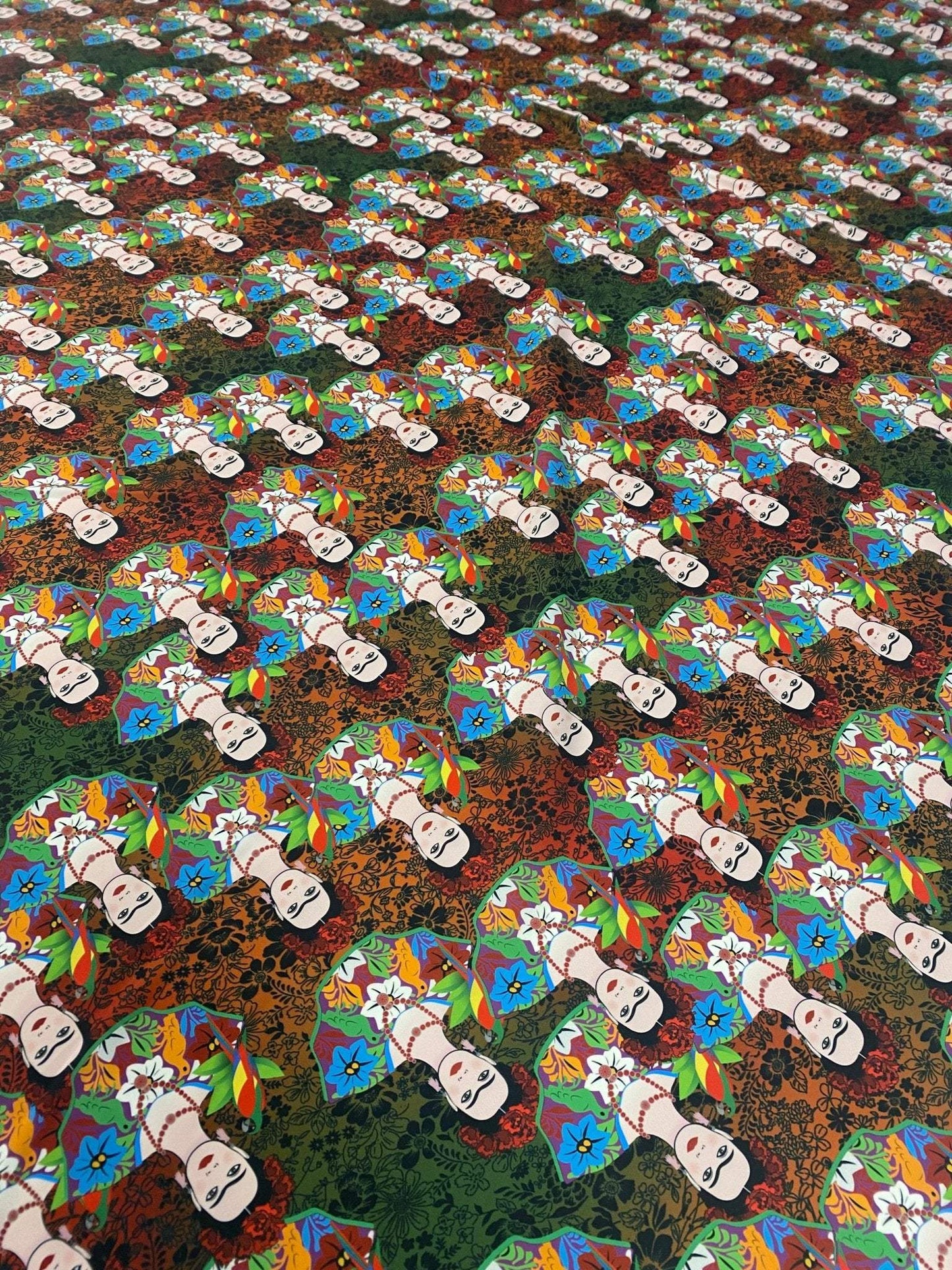 Colorful Frida Kahlo Inspired Floral Print Fabric – Available in Satin, Crepe, Spandex & Chiffon | By Metre