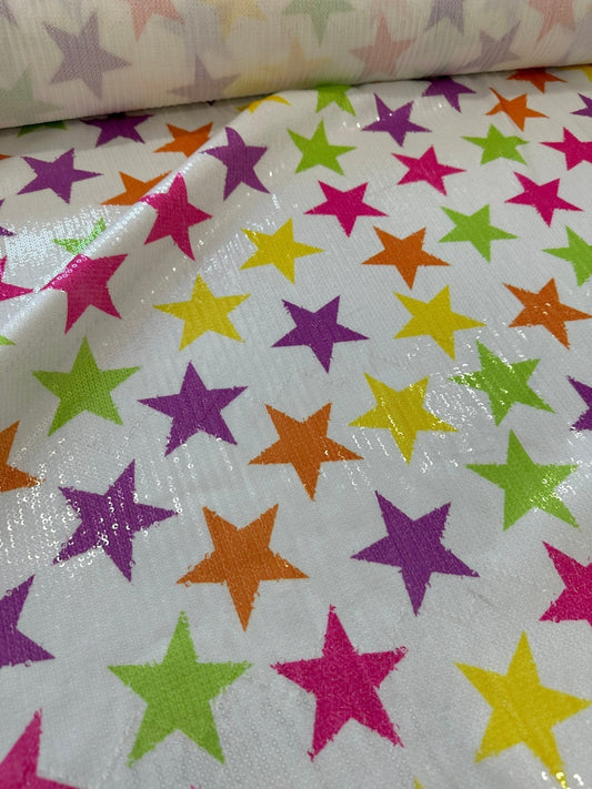 Colorful Stars Sequin Fabric, 2- Way Stretch Sequin Fabric By The Yard