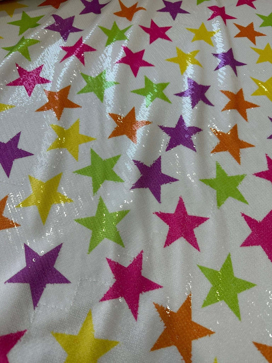 Colorful Stars Sequin Fabric, 2- Way Stretch Sequin Fabric By The Yard