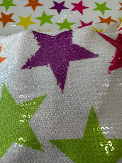 Colorful Stars Sequin Fabric, 2- Way Stretch Sequin Fabric By The Yard