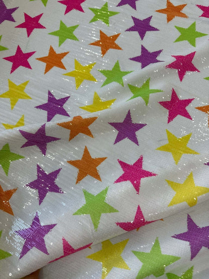 Colorful Stars Sequin Fabric, 2- Way Stretch Sequin Fabric By The Yard