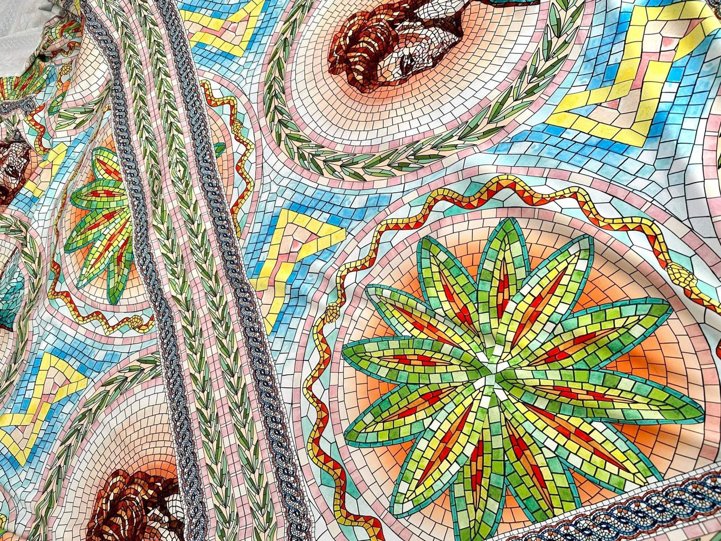 Greek Mosaic Print Silky Crepe Fabric – Available in Satin, Crepe, Spandex & Chiffon | By Metre