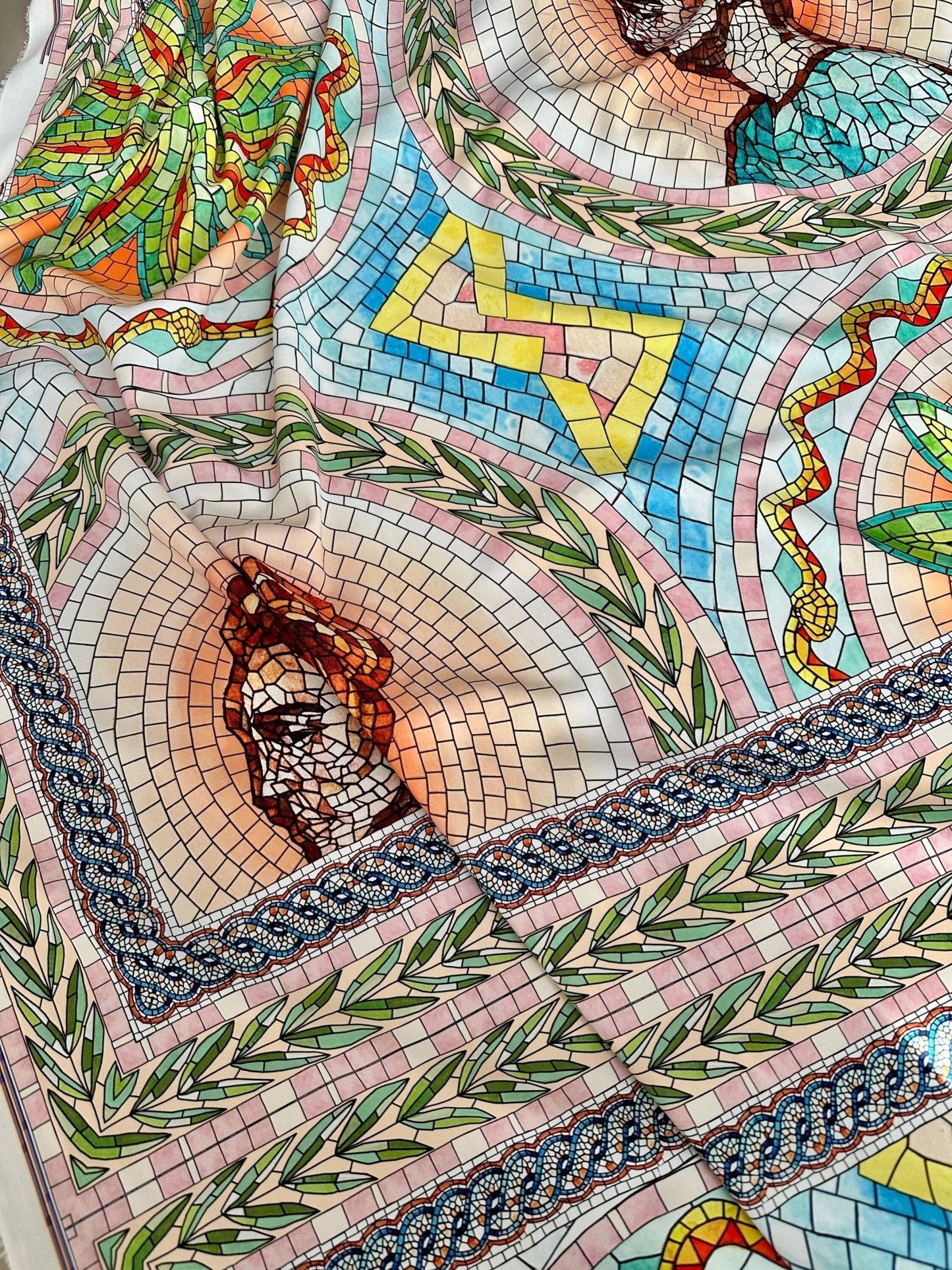 Greek Mosaic Print Silky Crepe Fabric