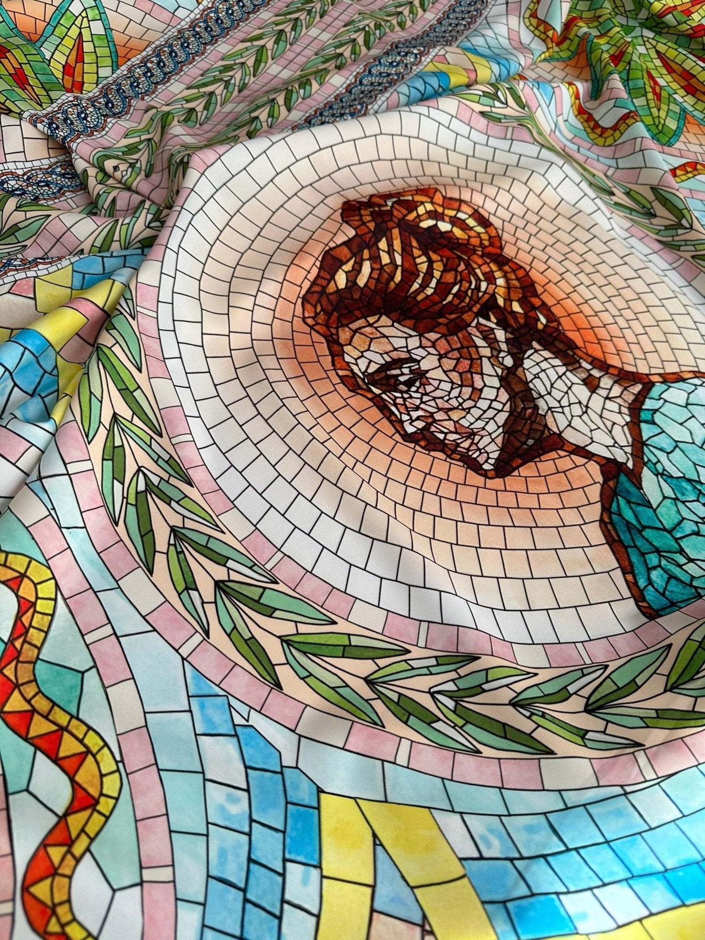 Greek Mosaic Print Silky Crepe Fabric – Available in Satin, Crepe, Spandex & Chiffon | By Metre