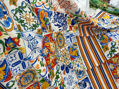 Sicilian Print Silky Crepe Fabric – Fabric by Metre, Multiple Options for Sewing & Dressmaking