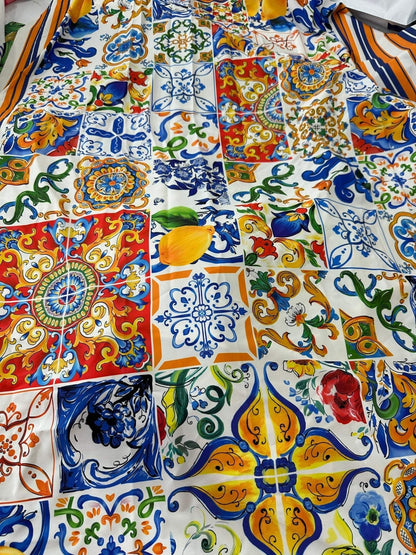 Sicilian Print Silky Crepe Fabric – Fabric by Metre, Multiple Options for Sewing & Dressmaking