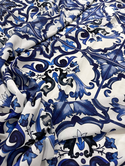 Majolica Pattern Blue White Swirl Crepe Fabric – Custom Printed Fabric, Choose Material by Metre