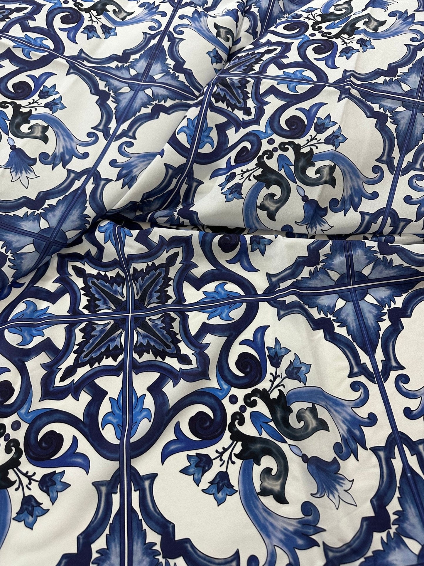 Majolica Pattern Blue White Swirl Crepe Fabric