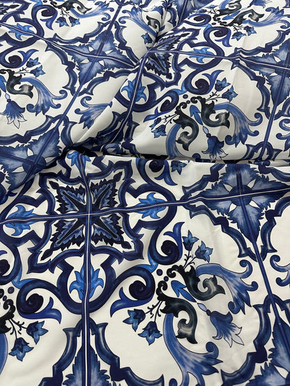 Majolica Pattern Blue White Swirl Crepe Fabric