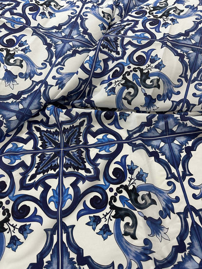 Majolica Pattern Blue White Swirl Crepe Fabric – Custom Printed Fabric, Choose Material by Metre