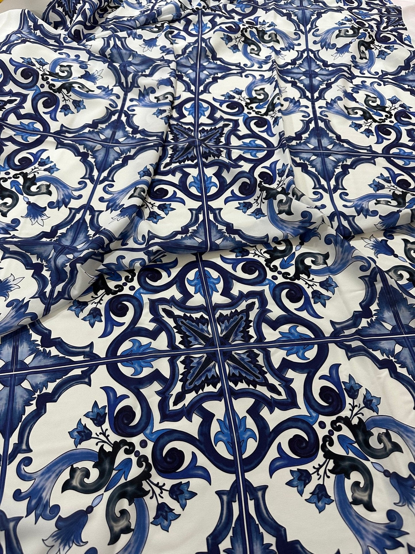 Majolica Pattern Blue White Swirl Crepe Fabric