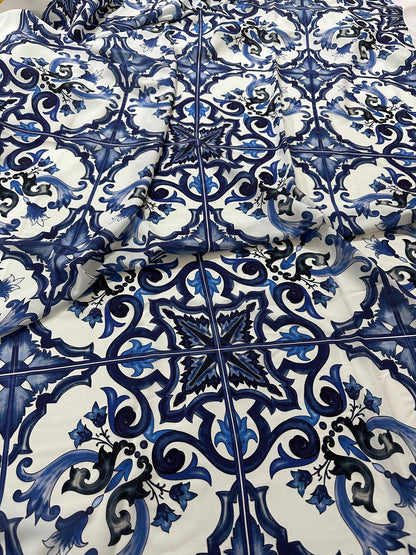 Majolica Pattern Blue White Swirl Crepe Fabric