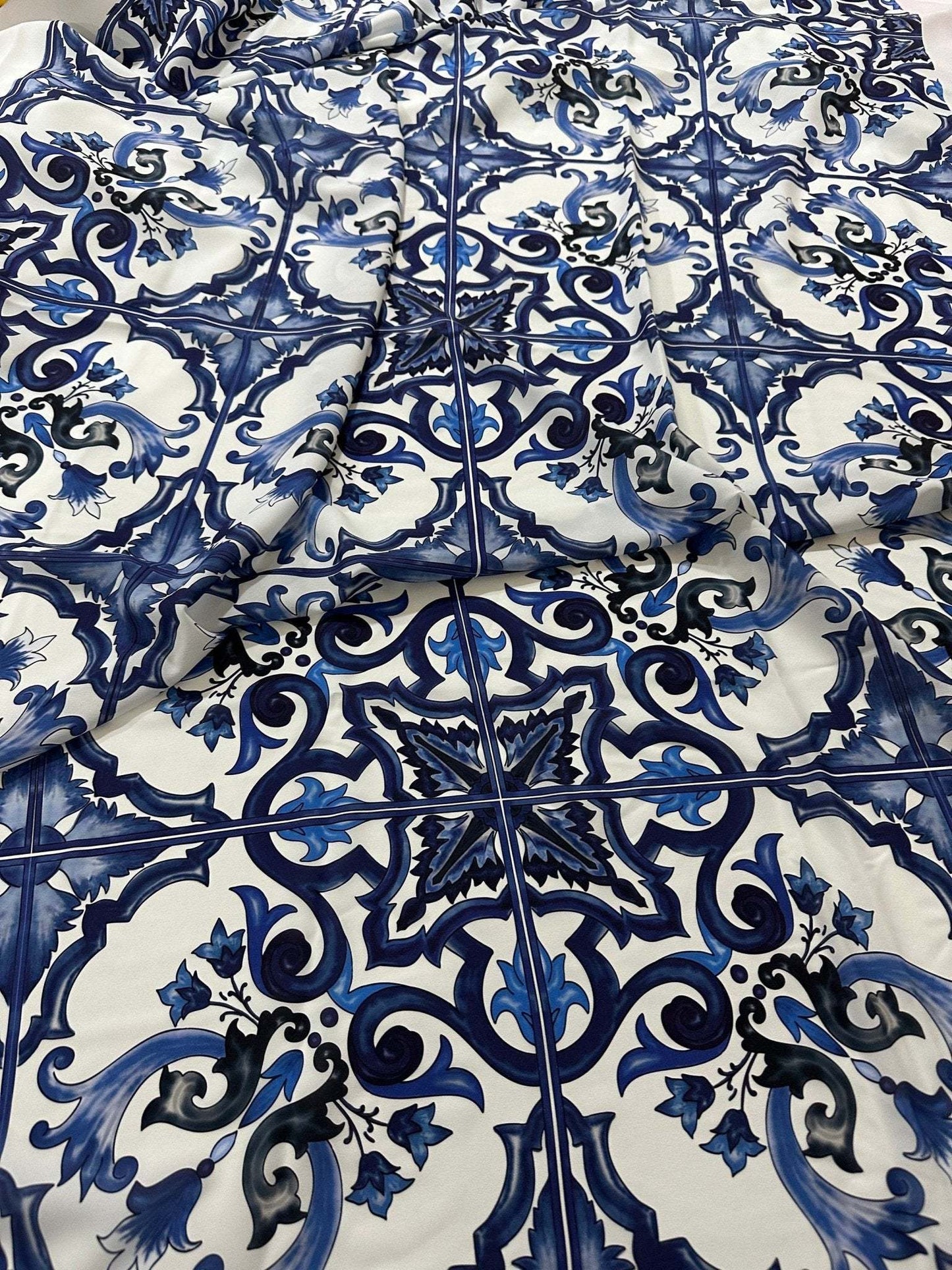 Majolica Pattern Blue White Swirl Crepe Fabric – Custom Printed Fabric, Choose Material by Metre