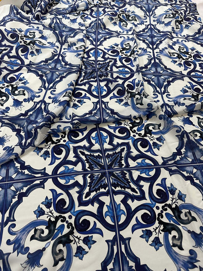 Majolica Pattern Blue White Swirl Crepe Fabric – Custom Printed Fabric, Choose Material by Metre