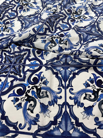 Majolica Pattern Blue White Swirl Crepe Fabric