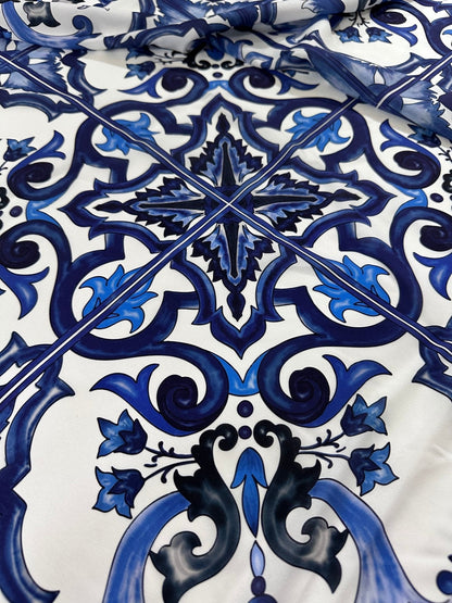 Majolica Pattern Blue White Swirl Crepe Fabric