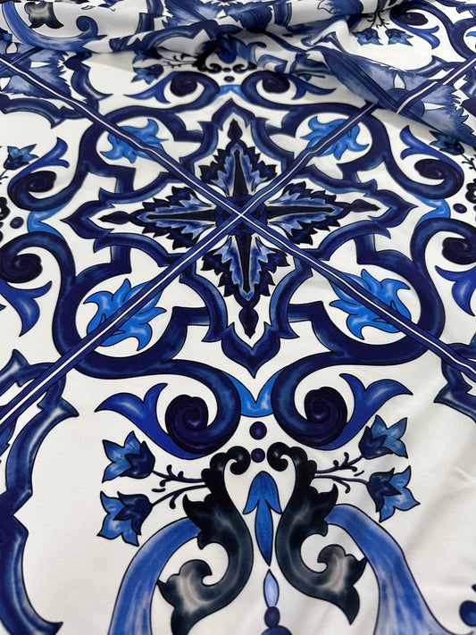 Majolica Pattern Blue White Swirl Crepe Fabric