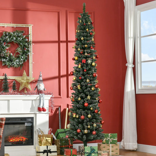 7.5FT Artificial Snow Dipped Christmas Tree Xmas Pencil Tree Holiday Home Indoor Decoration with Foldable Black Stand