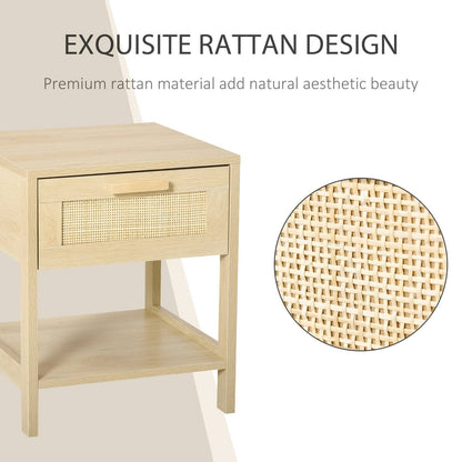 Nightstand with Rattan Drawer and Storage Shelf