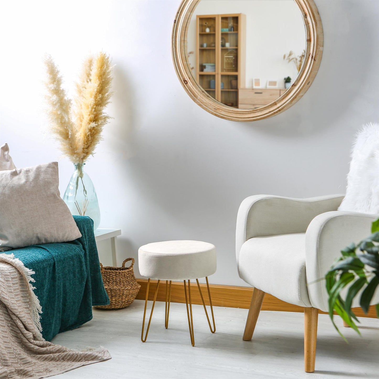 Cream Round Velvet Footstool