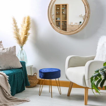 Blue Round Velvet Footstool