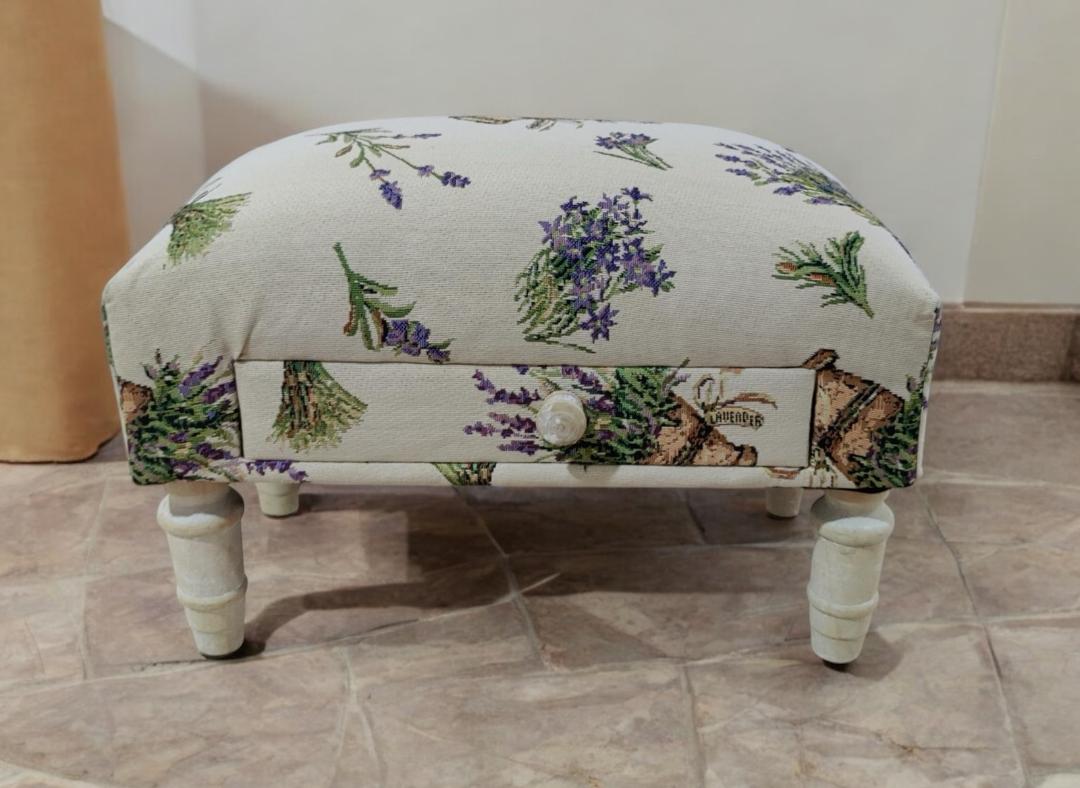 LAVENDER FABRIC FOOTSTOOL WITH DRAWER