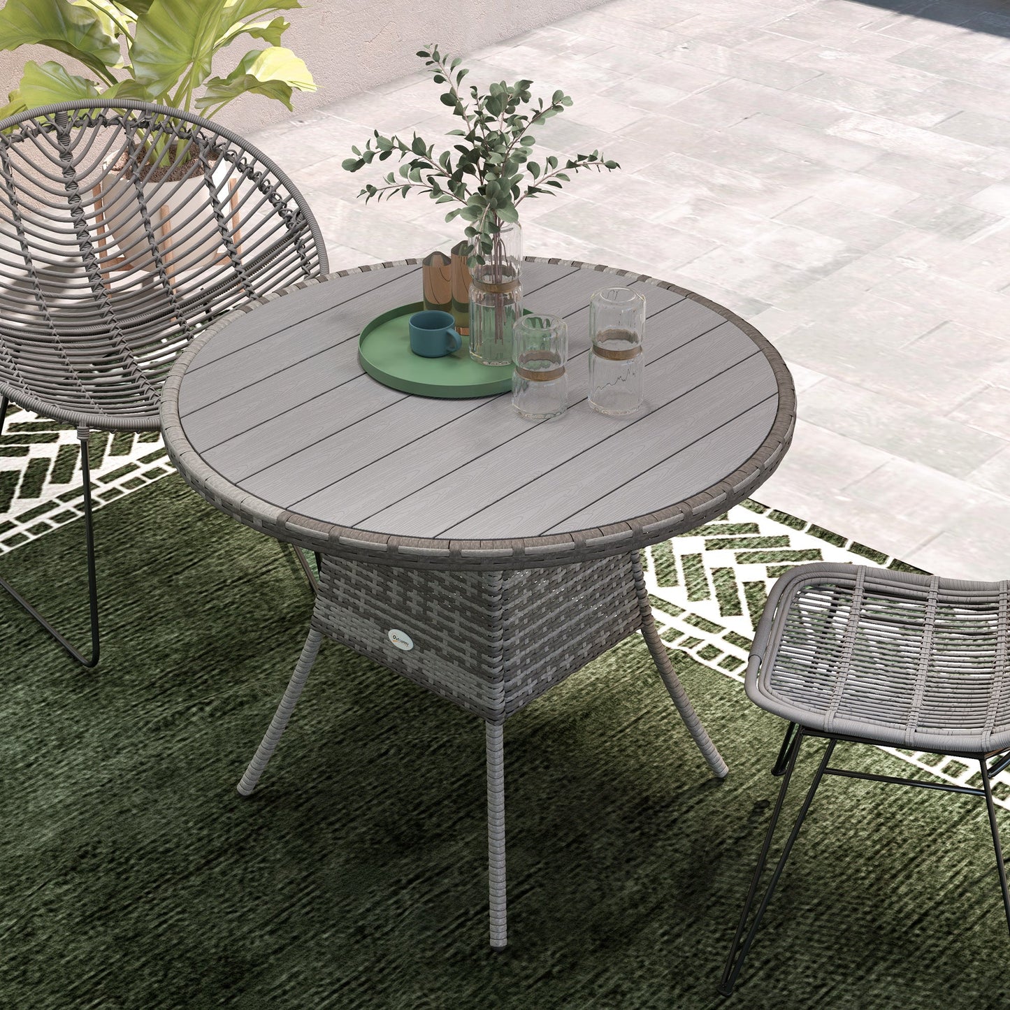 Outsunny Outdoor PE Rattan Dining Table w/ Wood-plastic Composite Top, Grey