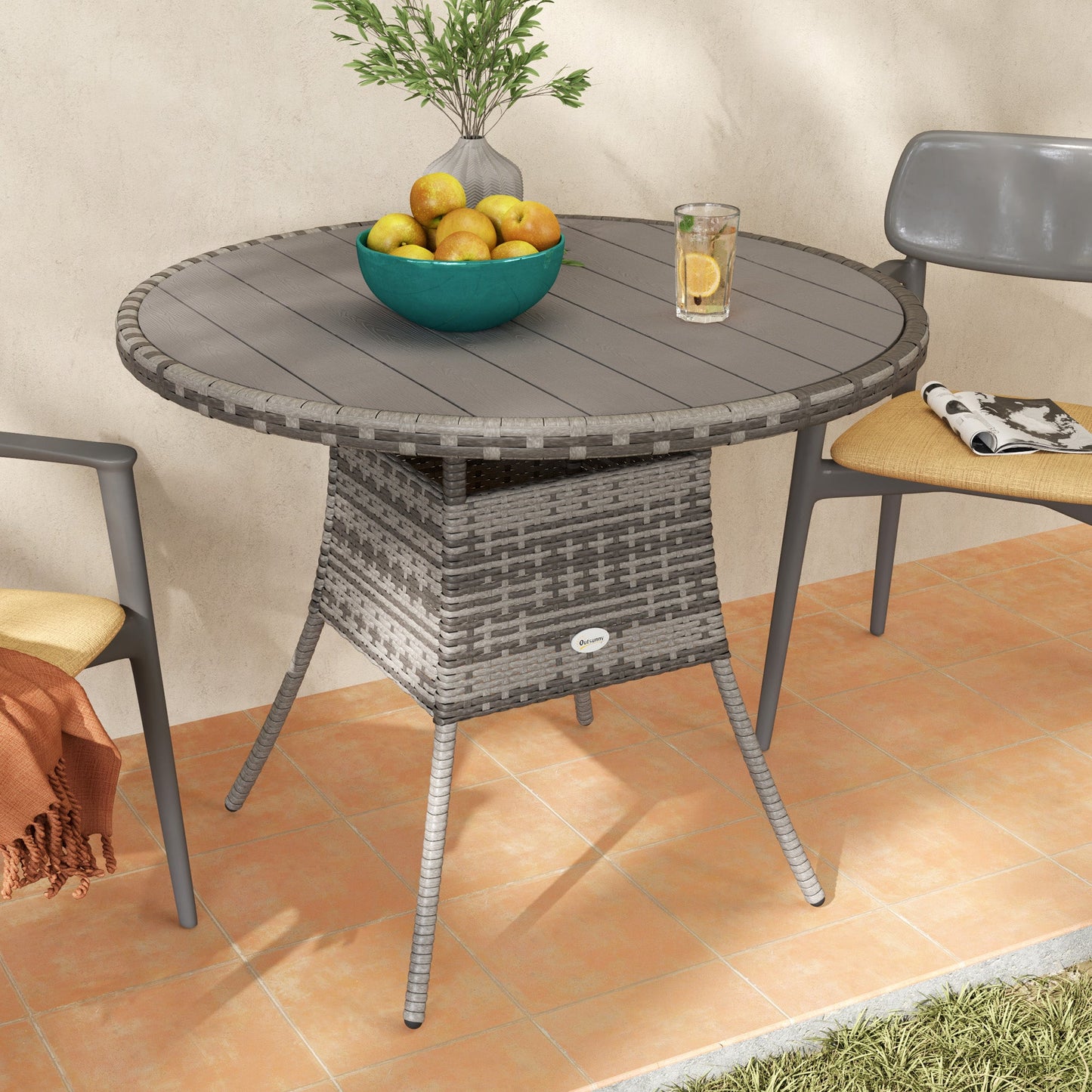 Outsunny Outdoor PE Rattan Dining Table w/ Wood-plastic Composite Top, Grey