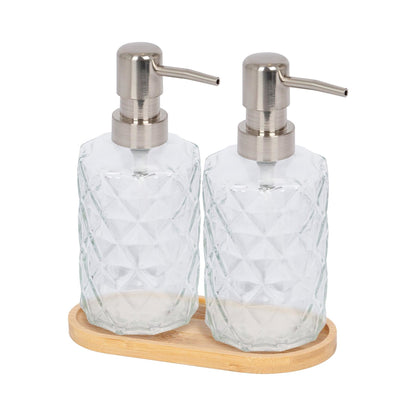 2pc 330ml Prism Glass Soap Dispenser Set with Bamboo Tray