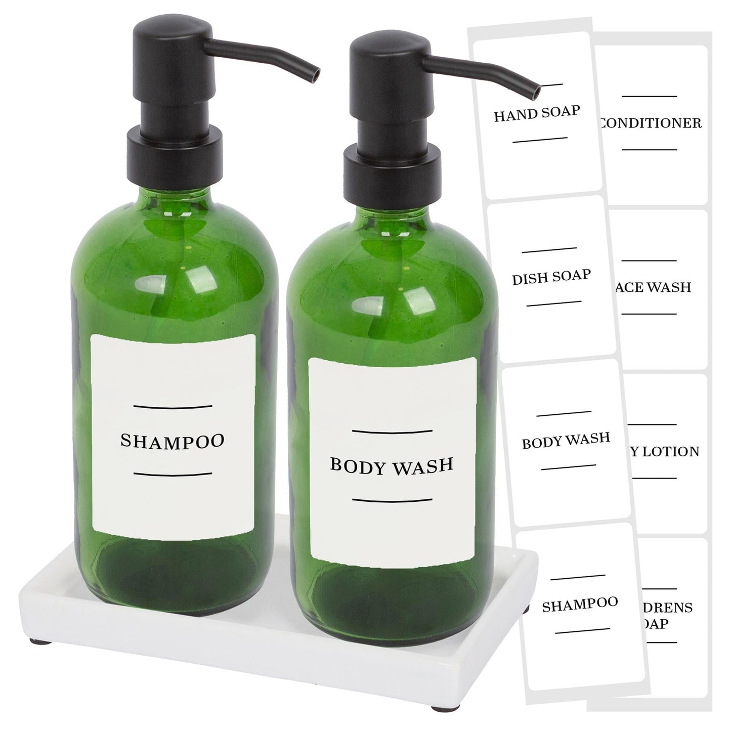 2pc 500ml Green Glass Soap Dispenser with White Labels & Ceramic Tray