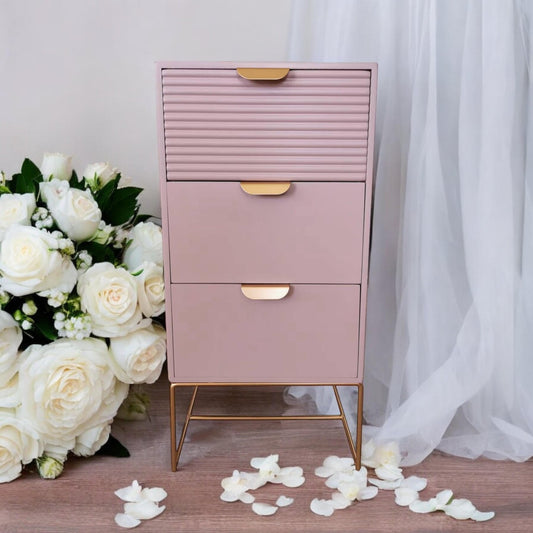 64CM PINK WOODEN 3 DRAWER BEDSIDE TABLE
