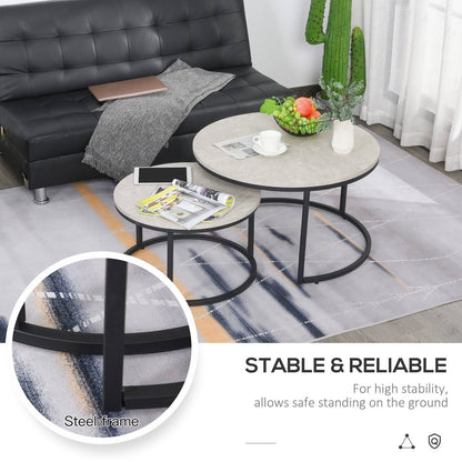 2-Piece Stacking Coffee Table Set w/ Steel Frame Marble-Effect Top Foot Pads Home Office Style Storage Display