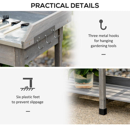 Garden Potting Table Wooden Workstation w/ Metal Tabletop